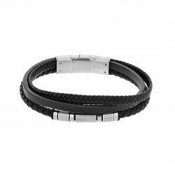 Visetti bracelet with four chains made of genuine black leather and silver details made of stainless steel