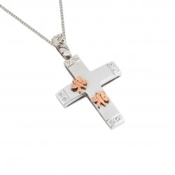 BAPTISM CROSS WHITE GOLD 14 K WITH CHAIN ​​FOR GIRL WITH ZIRCON HANDMADE KUMIAN F076