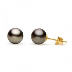Gold earrings with black pearls Akoya Japan 7,5-8,0mm Κ14 